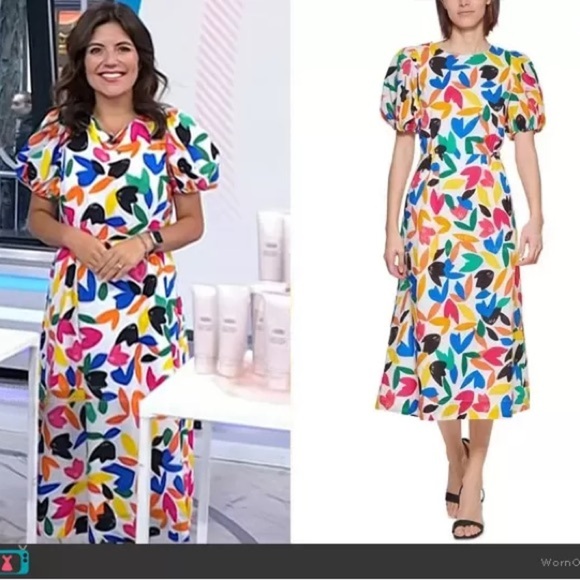 Calvin Klein Colorful Feather Printed Puff-Sleeve Midi Dress Women’s Size 14 - Picture 11 of 11